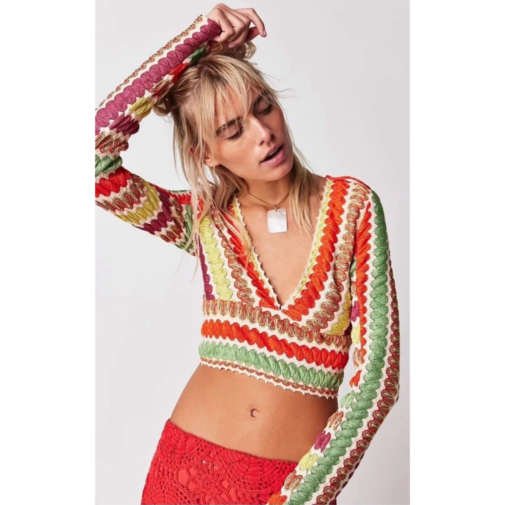 Free People Twist And Shout Crop Top Large Boho Crochet Scallop Festival Hippie
